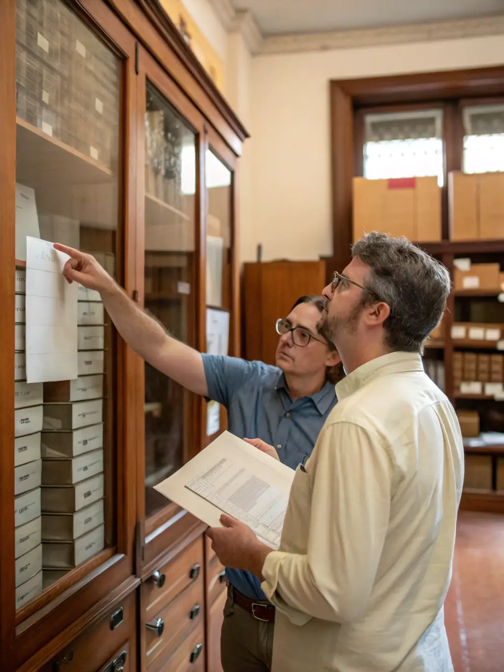 A professional archivist carefully handling and cataloging a collection of historical photographs, emphasizing the meticulous work involved in archiving.