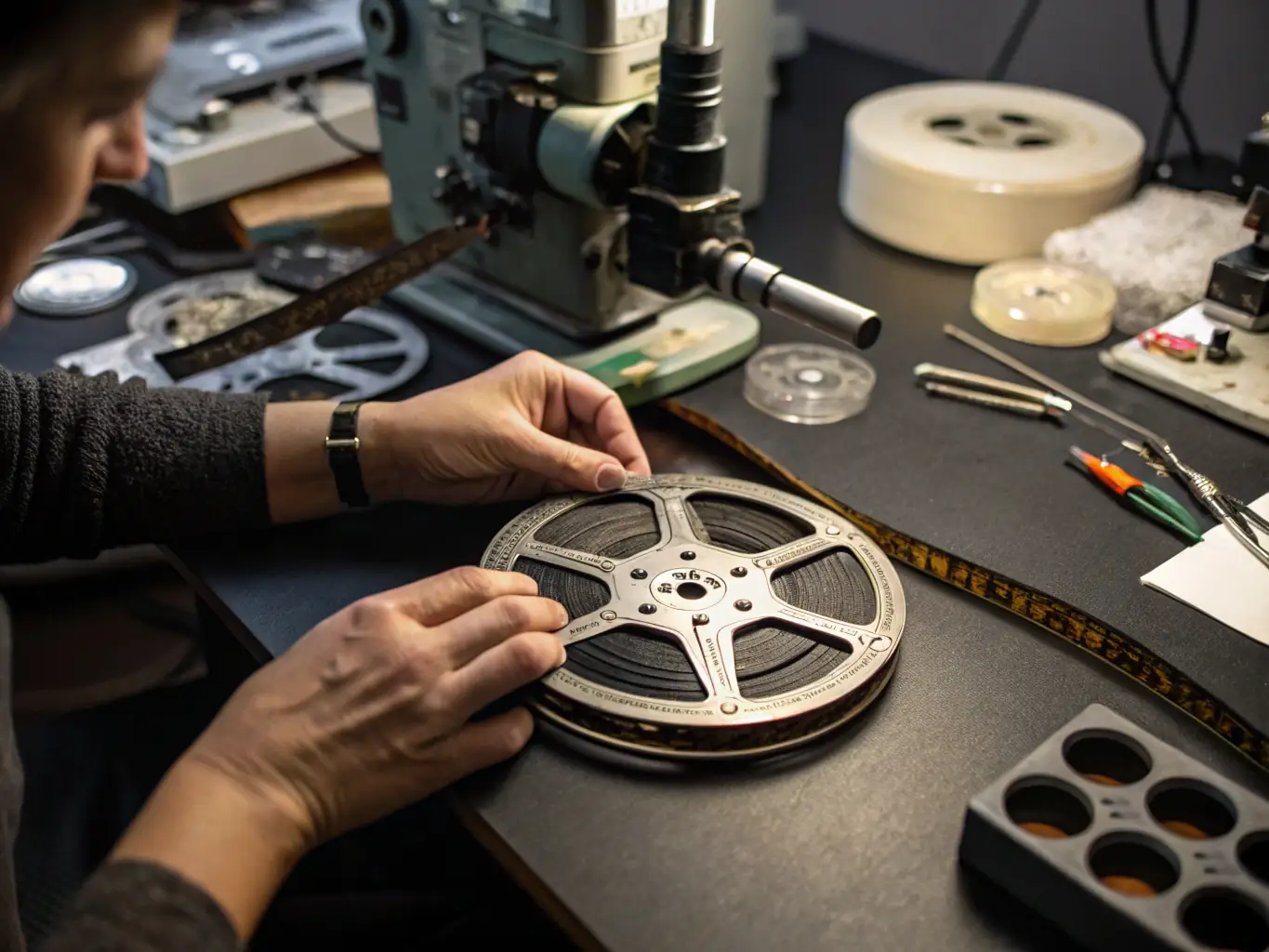 A photograph depicting archivists carefully handling and digitizing old film reels in a climate-controlled environment, showcasing the meticulous process of preserving audiovisual materials.