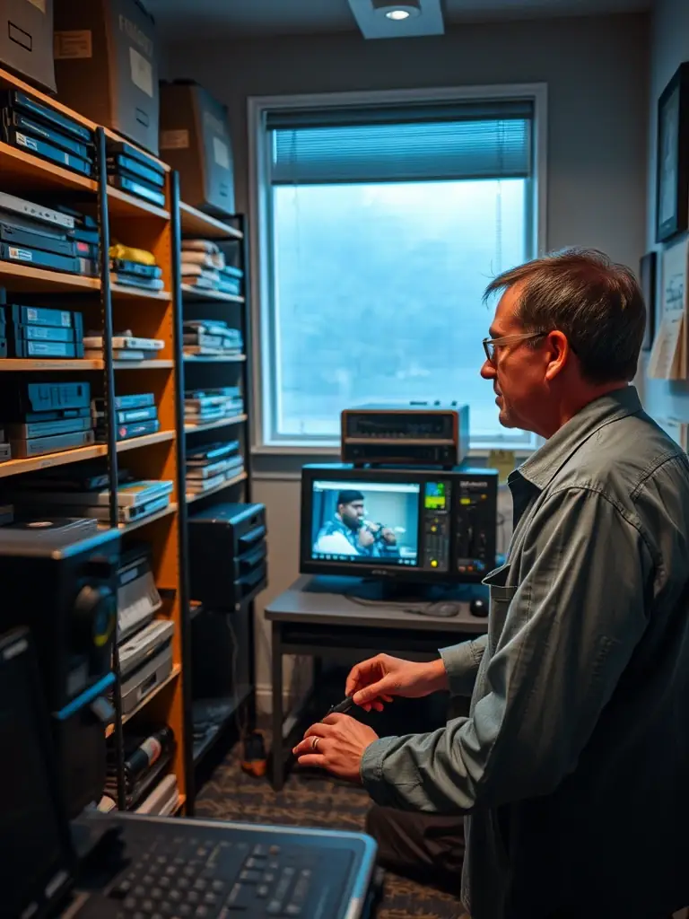A photograph of a group of volunteers working together to digitize old film reels in a brightly lit archive, showcasing the hands-on aspect of preserving audiovisual heritage.